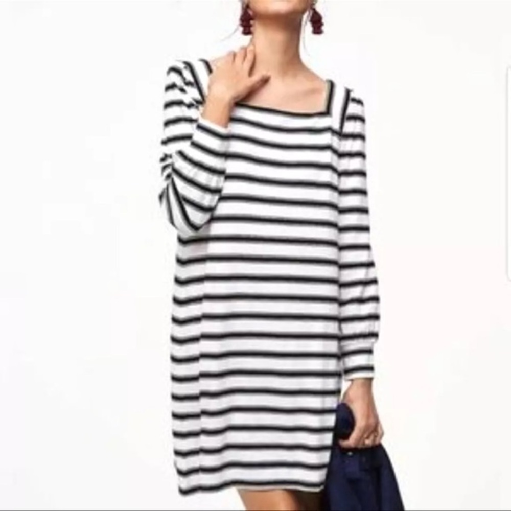 Loft Dress Womens S Petite Long Sleeve Square Neck Striped Black White Stretch
